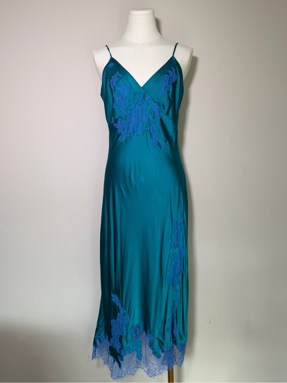 Agent Provocateur Christi Long Teal Blue Silk Slip Dress with Lace